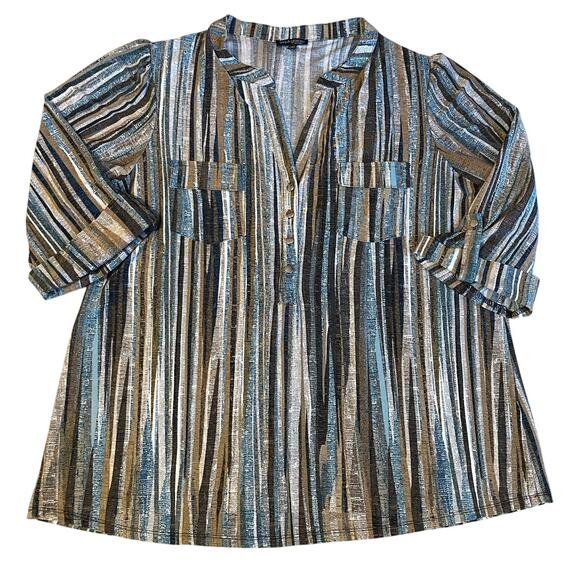 Ava & Grace Boho Retro Brown & Blue Striped Roll Tab Sleeve Half Button Top 1X - Picture 1 of 11
